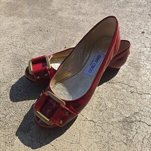 Jimmy Choo Flat Pumps Size 34.5 Red Burgundy Enamel Casual Shoes